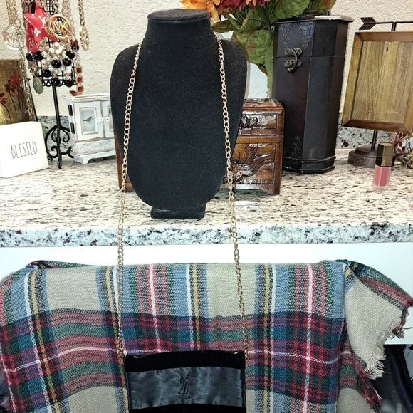 WES SAINT LAURENT BLACK SATIN AND VELVET CLUTCH/ CROSSBODY WITH FREE LIP GLOSS
