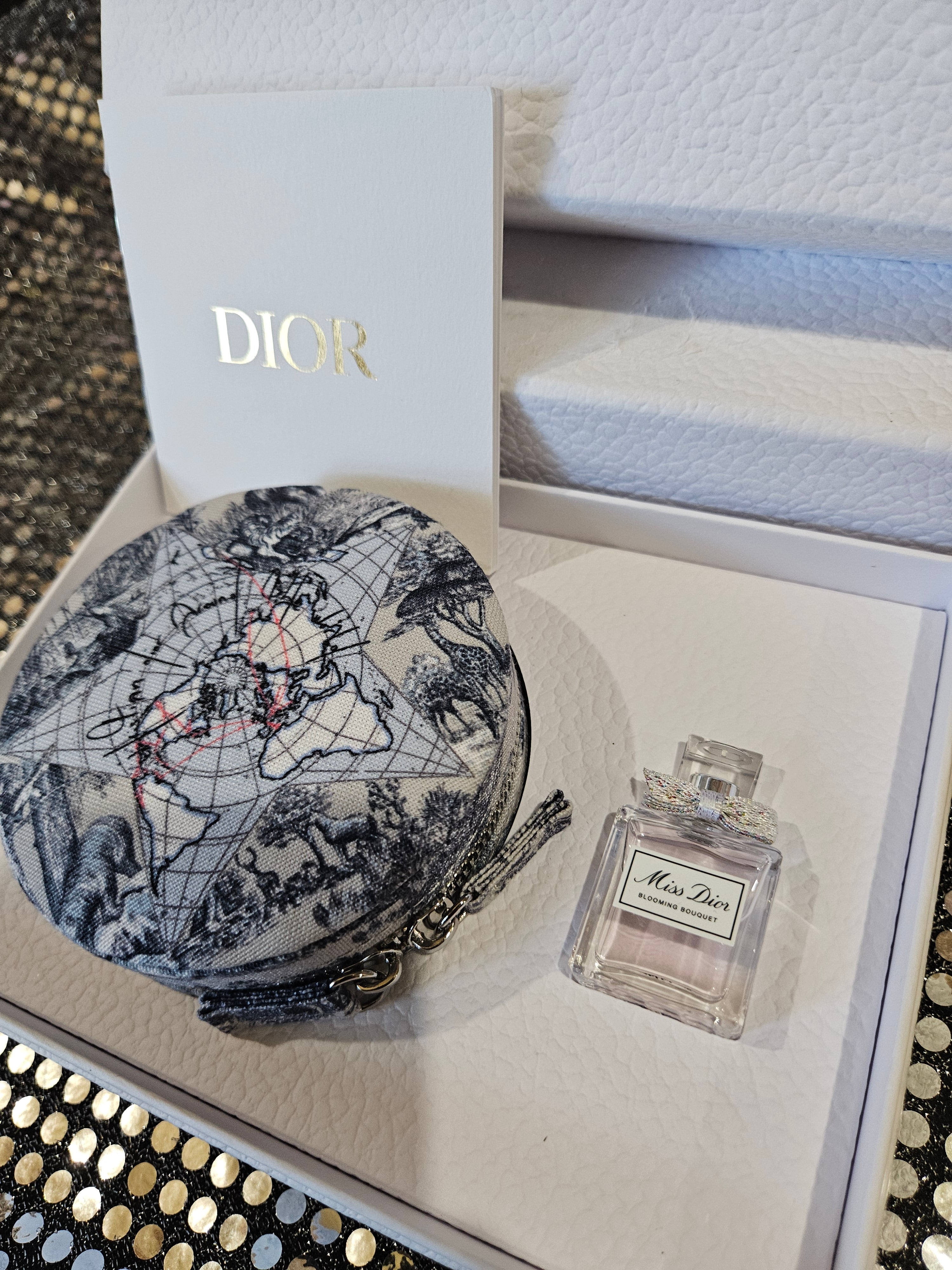 Dior Around the World Round Zippered Jewelry Box with Miss Dior small perfume
