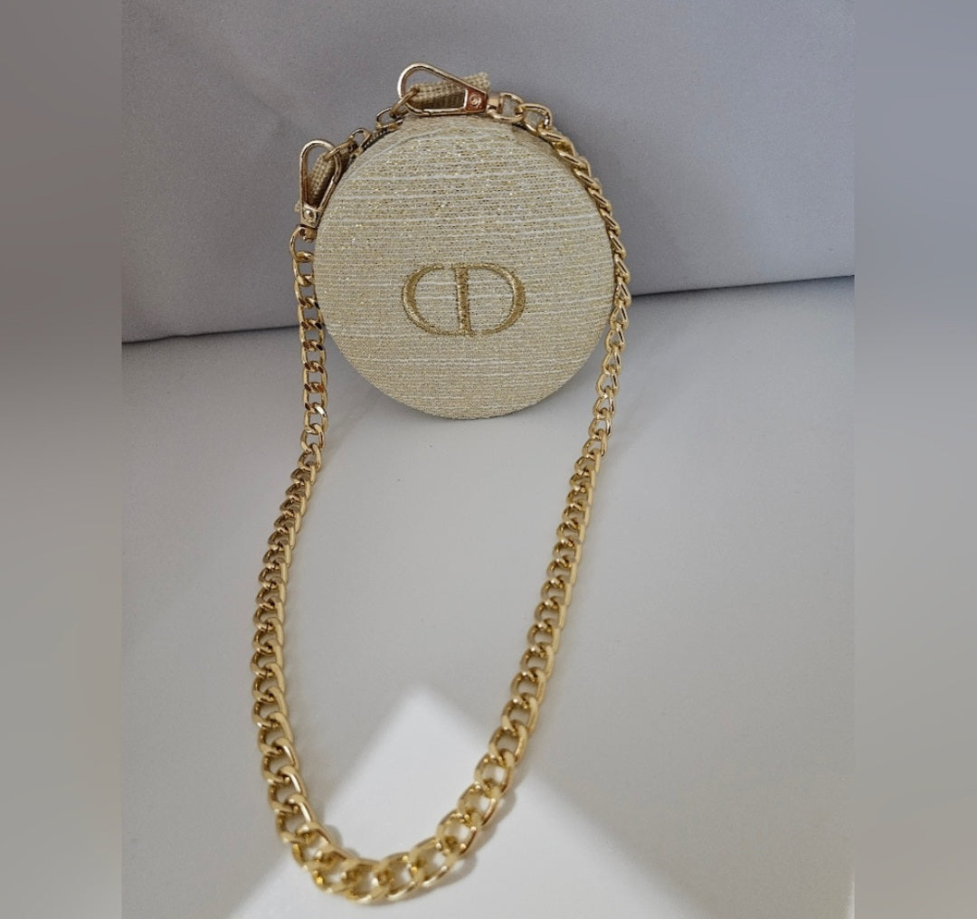 Dior round zippered pouch with gold shoulder strap