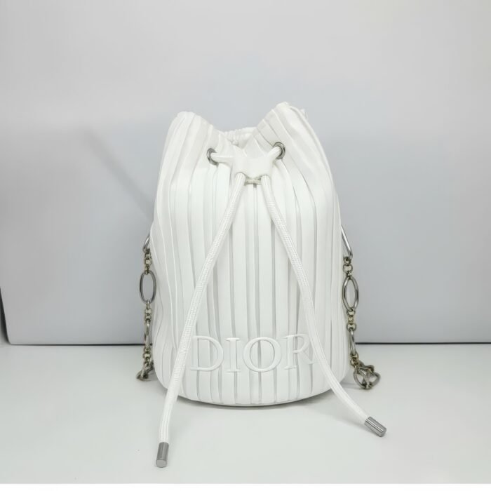 Dior White Ribbed Drawstring Pouch Bag
